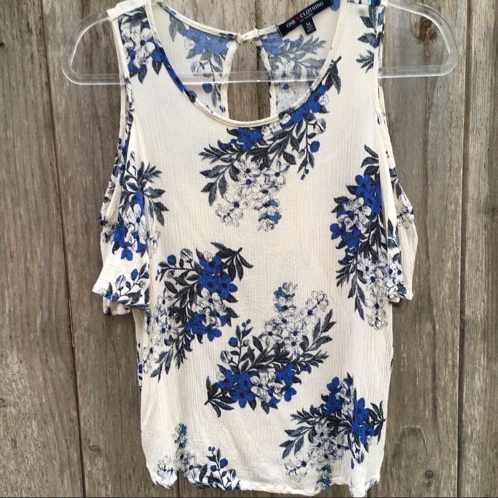 One Clothing Floral Cold Shoulder Boho Cerulean Blue Floral Top Medium